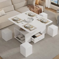 Modern Lift-Top Coffee Table with Hydraulic Lift and Hidden Storage, Versatile Unit with 4 Stools and Drawer, 100L x 50W x 45H cm, White(m-7)