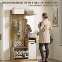 HOMCOM Appendiabiti da Ingresso con Asta, 4 Ganci, Panca con Scarpiera e Armadietto, Rovere e Bianco(m-5)