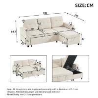L-Shaped 3-Seater Sofa Bed with Hidden Storage, USB & USB-C Ports, Space-Saving Sofa for Compact Spaces, 208L x 146W x 89.5H cm, Beige(m-3)