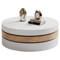 Round Coffee Table with Rotating Hidden Storage Sections, Space-Saving Table for Modern Living Spaces, 60L x 60W x 35H cm, White+Wood(m-2)