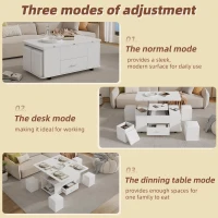 Modern Lift-Top Coffee Table with Hydraulic Lift and Hidden Storage, Versatile Unit with 4 Stools and Drawer, 100L x 50W x 45H cm, White(m-6)