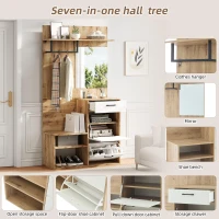 7-In-1 Coat Rack with 2 Shoe Compartments and Semi-open Shelves, High-gloss Cabinet with Mirror, 100L x 38.5W x 190H cm, White+Oak(m-5)