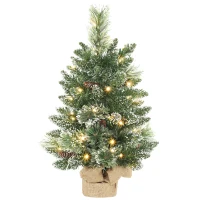 HOMCOM 60 cm Prelit Small Christmas Tree, Snow Flocked Tabletop Mini Xmas Tree with 35 LED Lights, Pine Cones and Linen Cover Base, Battery Operated, Green(m-11)