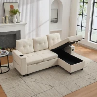 L-Shaped 3-Seater Sofa Bed with Hidden Storage, USB & USB-C Ports, Space-Saving Sofa for Compact Spaces, 208L x 146W x 89.5H cm, Beige(m-9)