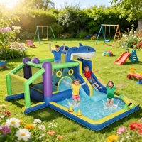 AIYAPLAY Château gonflable 8-in-1 design requin avec souffleur toboggan piscine trampoline pour 3–8 ans 405x345x235cm Multicolore(m-2)