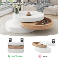 Round Coffee Table with Rotating Hidden Storage Sections, Space-Saving Table for Modern Living Spaces, 60L x 60W x 35H cm, White+Wood(m-5)