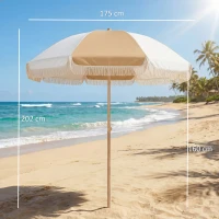 Outsunny Sombrilla de Playa con Flecos Ø175 cm Sombrilla de Terraza Exterior con Altura Ajustable Inclinación 30° Blanco y Beige(m-3)
