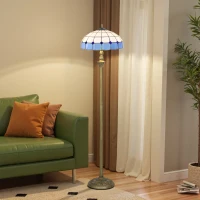 HOMCOM Tiffany-Style Floor Lamp with Handcrafted Stained Glass Shade, 152cm Tall Vintage Standing Lamp with Foot Switch and Dual Sockets for Living Room Bedroom, Bronze Tone and Blue(m-2)