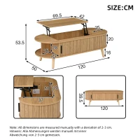 Lift-Up Oval Coffee Table with Hidden Storage and Height-Adjustable Top, Space-Saving Table for Living Areas, 120L x 50W x 39.5H cm, Wood(m-3)