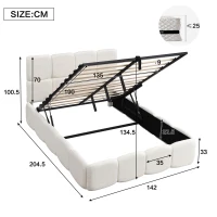 Plush Boucle Bed with Hydraulic Storage and Raised Headboard, Durable Frame with Slats, Self-Assembly, 204.5L x 142W x 100.5H cm, Beige(m-3)