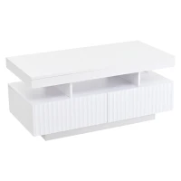 Modern Coffee Table with App-Controlled LED and Two Ribbed Drawers, Sleek Unit with Open Display Shelf, 100L x 50W x 45H cm, White(m-13)