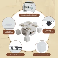 Modern Lift-Top Coffee Table with Hydraulic Lift and Hidden Storage, Versatile Unit with 4 Stools and Drawer, 100L x 50W x 45H cm, White(m-5)