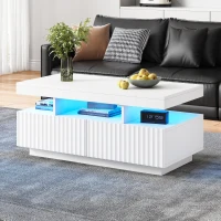 Modern Coffee Table with App-Controlled LED and Two Ribbed Drawers, Sleek Unit with Open Display Shelf, 100L x 50W x 45H cm, White(m-9)