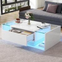 High-Gloss Coffee Table with a Drawer and Semi-Open Storage, Modern Centre Table for Living Room and Office, 100L x 50W x 31H cm, White(m-8)