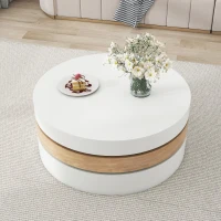 Round Coffee Table with Rotating Hidden Storage Sections, Space-Saving Table for Modern Living Spaces, 60L x 60W x 35H cm, White+Wood(m-8)