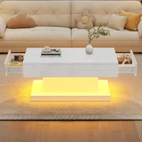 T-shaped Coffee Table with 2 Drawers and App-Controlled LED Strip, High-Gloss Centre Table for Living Room, 100L x 50W x 45H cm, White(m-10)