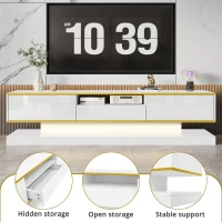 Modern LED TV Cabinet with High-Gloss Finish and Metallic Trim, Spacious Unit with Open Compartment, 180L x 38W x 45H cm, White(m-4)