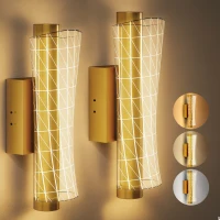 HOMCOM Led Wall Lamp 2 Pack, 9W Modern Indoor Geometric Mesh Wall Light, Colour Temperature Adjustable 3000K/4000K/6500K for Bedroom, Living Room, Hallway, Stairs, Gold Tone(m-10)