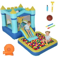 AIYAPLAY Centru de joacă gonflabil cu ventilator, tobogan, trambulină, piscină/bazin cu bile, pistol cu apă 364x173x182 cm Albastru(m-7)