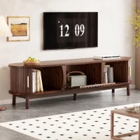 Retro MDF TV Stand with Sliding Wood-Slat Doors, Sturdy Unit with 3 Compartments for 65-Inch TV, 165L x 39.5W x 46H cm, Dark Oak(m-7)