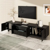 Minimalist TV Cabinet with Solid Wood Legs and Curved Doors, Spacious Storage Unit with Drawers and Shelves, 180L x 40W x 42H cm, Black(m-5)