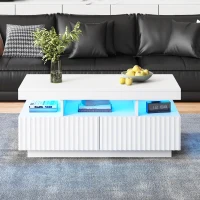 Modern Coffee Table with App-Controlled LED and Two Ribbed Drawers, Sleek Unit with Open Display Shelf, 100L x 50W x 45H cm, White(m-1)