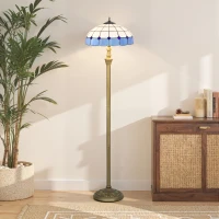 HOMCOM Tiffany-Style Floor Lamp with Handcrafted Stained Glass Shade, 152cm Tall Vintage Standing Lamp with Foot Switch and Dual Sockets for Living Room Bedroom, Bronze Tone and Blue(m-9)