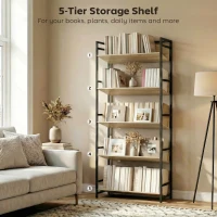 HOMCOM Bookshelf 5-Tier Metal Frame Room Divider Bookcase Storage Shelves for Living Room Oak(m-5)