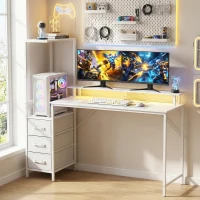 HOMCOM Escritorio Gaming Mesa para Ordenador con Soporte de CPU Regulable y Reversible, Luces RGB, Puertos USB Soporte para Monitor y 3 Cajones de Tela 147x47x130 cm Blanco(m-4)