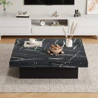Modern Square Coffee Table with Sliding Top and 4 Built-In Drawers, Versatile Center Table for Living Spaces, 90L x 90W x 25H cm, Black(m-1)