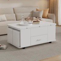 Modern Lift-Top Coffee Table with Hydraulic Lift and Hidden Storage, Versatile Unit with 4 Stools and Drawer, 100L x 50W x 45H cm, White(m-9)