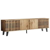 Modern Vintage TV Stand with Sturdy Five-Legged Support, Spacious Unit with 4 Openwork Doors and 9 Shelves, 180L x 40W x 55H cm, Wood(m-12)