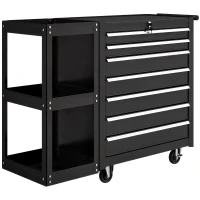 HOMCOM Werkstattwagen Werkzeugwagen mit 7 Schubladen abnehmbar Seitenregal 4 Rollen mit Feststellbremse, 96x33,5x75cm, Schwarz(m-1)