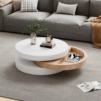 Round Coffee Table with Rotating Hidden Storage Sections, Space-Saving Table for Modern Living Spaces, 60L x 60W x 35H cm, White+Wood(m-7)