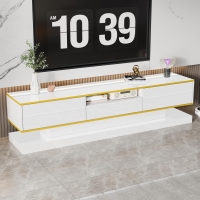 Modern LED TV Cabinet with High-Gloss Finish and Metallic Trim, Spacious Unit with Open Compartment, 180L x 38W x 45H cm, White