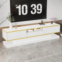 Modern LED TV Cabinet with High-Gloss Finish and Metallic Trim, Spacious Unit with Open Compartment, 180L x 38W x 45H cm, White(m-1)