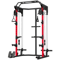 SPORTNOW Jaula de Potencia Smith Machine, Rack para Sentadillas con Sistema Polea Ajustable Barra Dominadas y Estación de Fondos