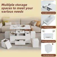 Modern Lift-Top Coffee Table with Hydraulic Lift and Hidden Storage, Versatile Unit with 4 Stools and Drawer, 100L x 50W x 45H cm, White(m-4)