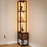 HOMCOM Floor Lamp with Shelves, LED Column Modern Standing Lamp with Fabric Drawer, Adjustable Brightness, Foot Switch for Living Room, Bedroom, Office, Dark Brown(m-10)