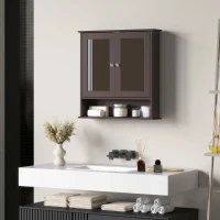 kleankin Armario de Baño con Espejo Armario de Pared con 2 Puertas Estante Abierto Estante Ajustable 56x13x58cm Marrón Oscuro(m-7)