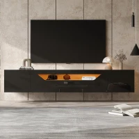 Floating TV Stand with App-Controlled LED Strip and Pull-Down Door, Wall-Mounted TV Unit with Storage Shelves, 180L x 37W x 36H cm, Black(m-1)