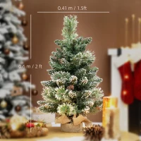 HOMCOM 60 cm Prelit Small Christmas Tree, Snow Flocked Tabletop Mini Xmas Tree with 35 LED Lights, Pine Cones and Linen Cover Base, Battery Operated, Green(m-3)