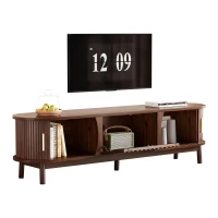 Retro MDF TV Stand with Sliding Wood-Slat Doors, Sturdy Unit with 3 Compartments for 65-Inch TV, 165L x 39.5W x 46H cm, Dark Oak(m-10)