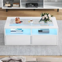 Smart Coffee Table with App-Controlled LED, USB Port and Glass Top, Practical Unit with 2 Drawers and Shelves,100L x 50W x 35H cm, White(m-1)