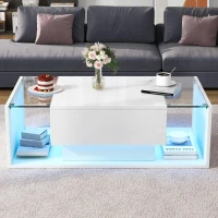 High-Gloss Coffee Table with a Drawer and Semi-Open Storage, Modern Centre Table for Living Room and Office, 100L x 50W x 31H cm, White(m-1)