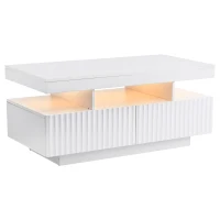 Modern Coffee Table with App-Controlled LED and Two Ribbed Drawers, Sleek Unit with Open Display Shelf, 100L x 50W x 45H cm, White(m-14)