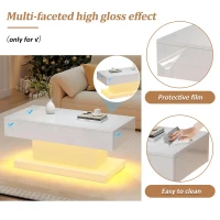 T-shaped Coffee Table with 2 Drawers and App-Controlled LED Strip, High-Gloss Centre Table for Living Room, 100L x 50W x 45H cm, White(m-5)