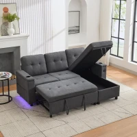 L-Shaped 3-Seater Sofa Bed with Hidden Storage, App-Controlled LED Light, Pull-Out Sofa for Compact Areas, 208L x 146W x 89.5H cm, Grey(m-11)