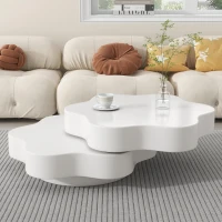 Flower-Shaped Coffee Table with 2 Shelves and Double-Tier Design, 360° Rotating Tabletop for Living Room, 75L x 67.5W x 31H cm, White(m-1)