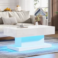 T-shaped Coffee Table with 2 Drawers and App-Controlled LED Strip, High-Gloss Centre Table for Living Room, 100L x 50W x 45H cm, White(m-8)